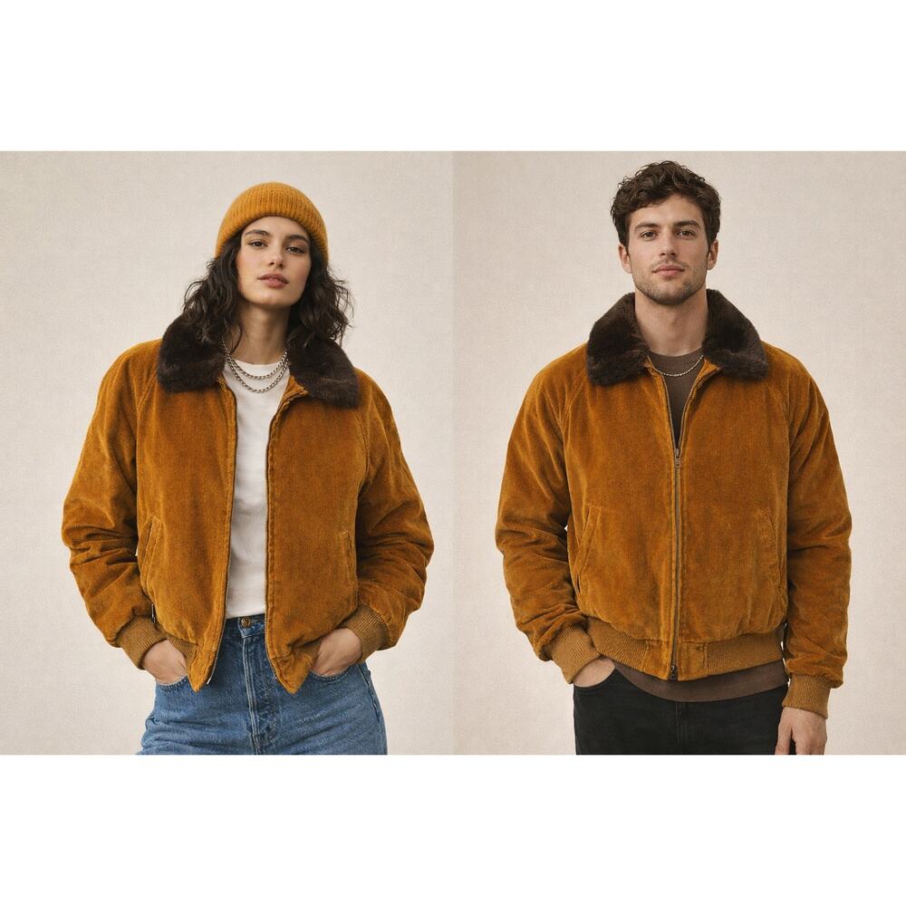 Vintage 70s Silton Brand Faux Fur Collar Fine Corduroy Bomber Jacket  M